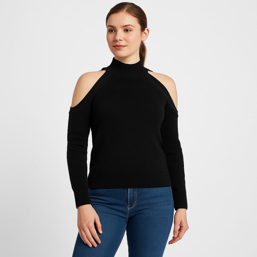 INC International Concepts Womens Black Cold Shoulder Bow Back Sweater Small NWT